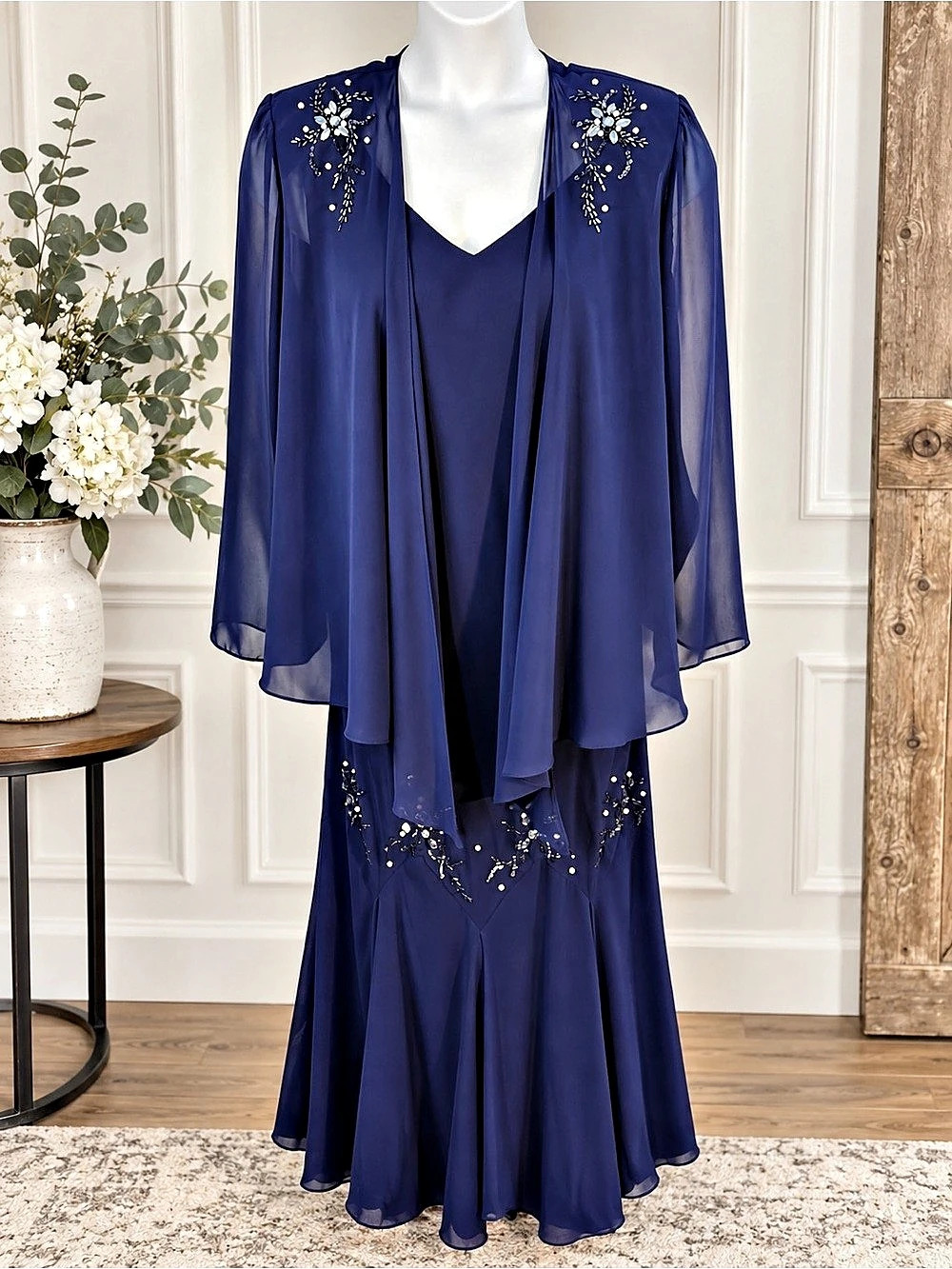 S.L. Fashions Navy Blue Beaded Formal Dress & Chiffon Jacket Set Size 16W